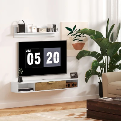 HOMCOM Meuble TV Suspendu avec Étagère Murale Bois Blanc