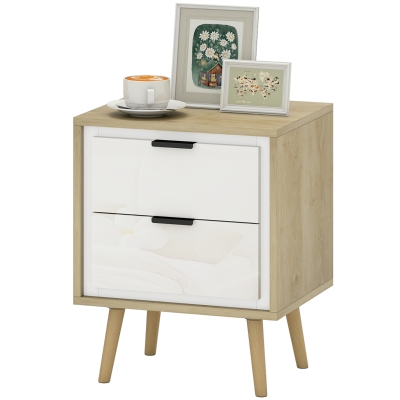 HOMCOM Table de Chevet 2 Tiroirs Pieds Bois Blanc Brillant