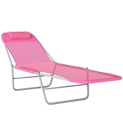 Outsunny Folding Sun Lounger with Head Pillow Pink