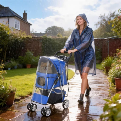 PawHut Hundewagen Hundebuggy Faltbar Katzenwagen bis 10kg mit Regenschutz Reflektorstreifen Aufbewahrungskorb 77x44x102cm Blau