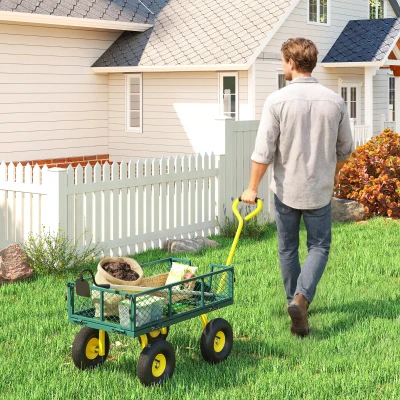 Outsunny Cărucior de Grădină Robust, Remorcă din Oțel cu Pereți Laterali Detașabili, Convertibil în Platformă, Roți de 25cm, Mâner Rotativ la 180°, Capacitate 200 kg, pentru Plajă, Peluză și Grădină, Verde