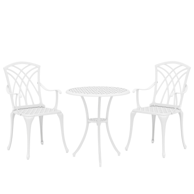 Outsunny 3 Pieces Garden Bistro Set, Cast Aluminium Outdoor Dining Set with 2 Chairs and Round Table with Parasol Hole, White