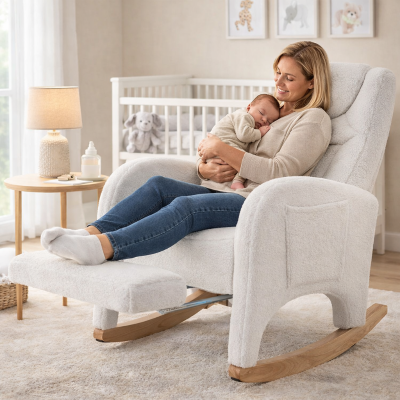 Schaukelstuhl Teddy gepolstert ergonomisch mit Armlehne 99cm für Schlafzimmer Wohnzimmer Weiß