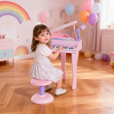 HOMCOM Piano Infantil 37 Teclas Teclado Electrónico Piano para Niños con Micrófono Taburete Luces y 22 Canciones USB/MP3 Karaoke Modo de Enseñanza Rosa