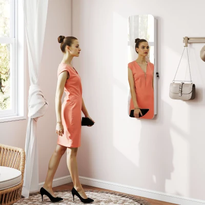 HOMCOM Espejo Joyero con Luz LED Montado en la Pared o en la Puerta con Cerradura Espejo Entero 2 Cajones Blanco