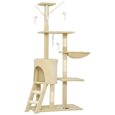 PawHut Ansamblu de joacă pentru Pisici cu Căsuță, Suport, Platforme și 4 Șoricei Suspendați, 60x35x134 cm, Bej
