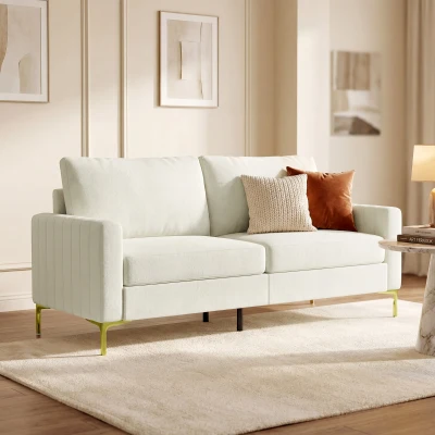 HOMCOM Sofá de 3 Lugares de 181 cm Estofado em Veludo com Almofadas Espessas Pernas de Metal Branco Creme