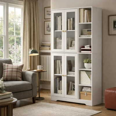 HOMCOM Kitchen Cabinet Multi-Storage Glass Doors White