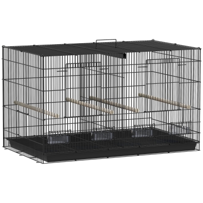 PawHut Jaula para Pájaros con Divisor 4 Comederos 4 Perchas Bandeja Extraíble para Loros Canarios Periquitos 76x46x46 cm Negro