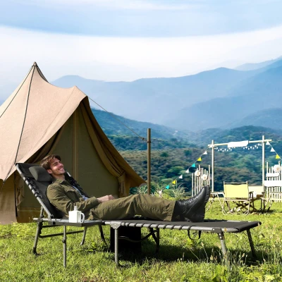 Outsunny Tumbona Plegable con Respaldo Ajustable Reposacabezas Bolsillo Lateral Bandeja y Estructura de Acero 190x60x31 cm Negro