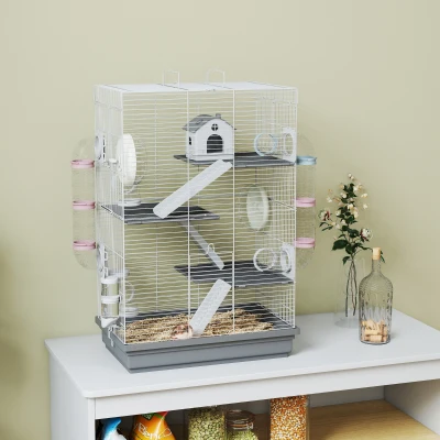 PawHut Cușcă pentru Hamsteri pe 4 Niveluri cu 16 Tuburi, Căsuță, Rampă, Boluri, Rezervor de Apă și Tavă Antipicurare, Cușcă din Metal și Plastic, 47x30x70 cm, Gri
