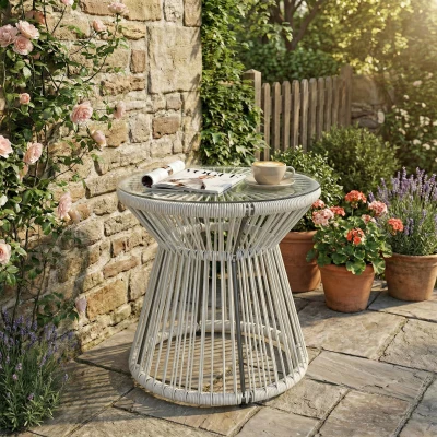 Outsunny Rattan Outdoor Coffee Table, PE Rattan Wicker Bistro Side Table with Tempered Glass Top, Light Grey