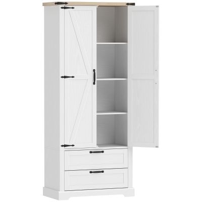 HOMCOM Hochschrank Küche, Küchenschrank mit 2 Türen, 2 Schubladen, höhenverstellbaren Einlegeböden, rustikaler Stil, 76x40x180cm, weiß