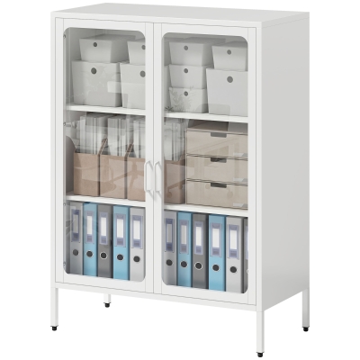 HOMCOM Meuble Dossiers Acier 2 Portes Verre Étagères Blanc