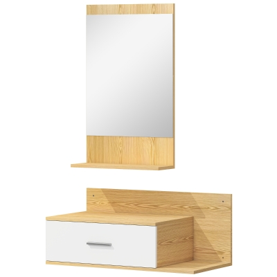 HOMCOM Conjunto de Recibidor de Entrada de Pared con Espejo y Almacenaje Espejo con Cajón y 2 Estantes Abiertos Madera Natural
