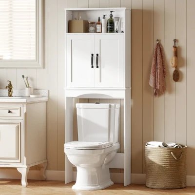 HOMCOM Schrank über der Toilette Badezimmerschrank mit 2 Soft-Close-Türen Offenes Regal 64x21x173,5 cm Weiß