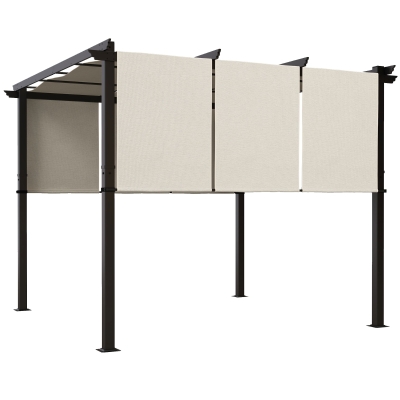 Outsunny Pergola mit 3 verschiebbaren Bahnen 3 x 3 x 2,38 m Stahlkonstruktion schwarz, hochdichtes Polyestergewebe beige