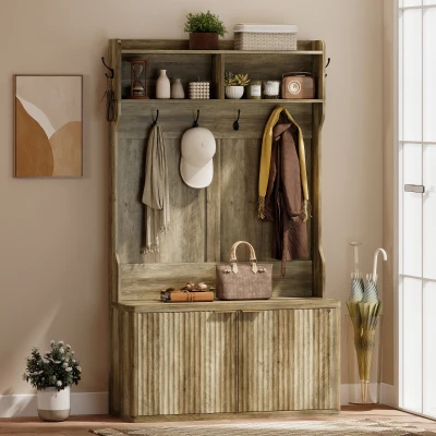 HOMCOM 4-in-1 Garderobe mit Schuhschrank Moderner Garderobenständer mit offenem Fach für Flur Eingang Schlafzimmer 100x38x172 cm Eiche