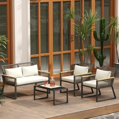 Outsunny Set de muebles de jardín Polyrattan para 4 personas resistente a la intemperie, conjunto para balcón con sofá 2 plazas, 2 sillones, mesa de cristal, cojines Beige