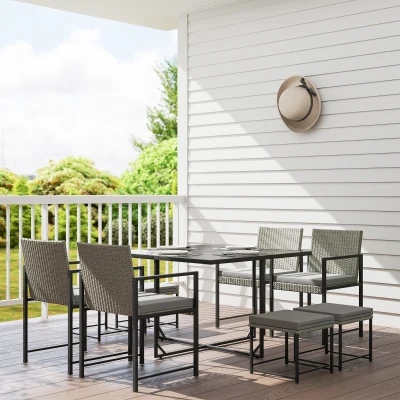 Outsunny Salón de jardín exterior de resina trenzada para 8 personas con cojines y tablero de vidrio templado, gris