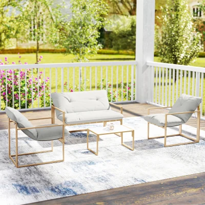 Outsunny Conjunto de Mobiliário de Jardim 4 Peças Conjunto com Mesa em Vidro Temperado Sofá 2 Poltronas Branco