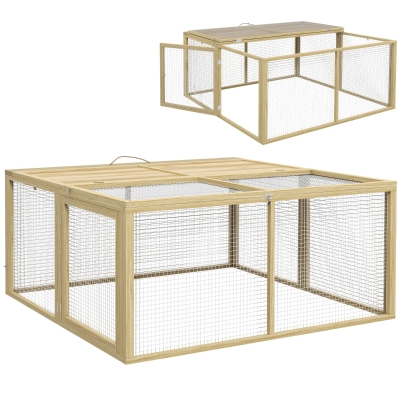PawHut Wooden Folding Rabbit Hutch, for 2-3 Rabbits - Natural Wood