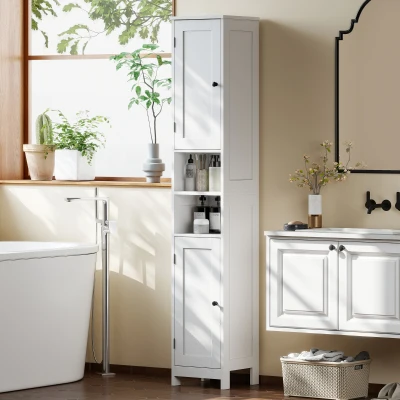 HOMCOM Hoher schlanker Badezimmerschrank mit Türen, offene Regale, 30 x 30 x 170 cm, Weiß
