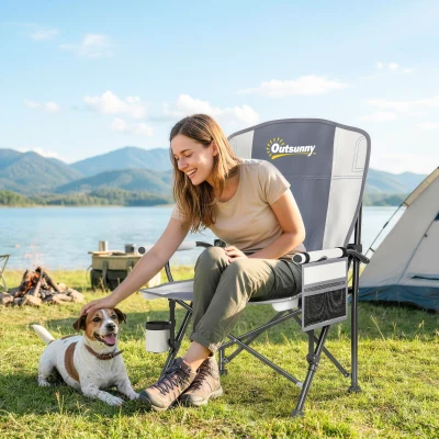 Outsunny Padded Camping Chair Adults Heavy Duty Folding Chair Side Pocket Cup Holder Carry Bag Outdoor Light Grey