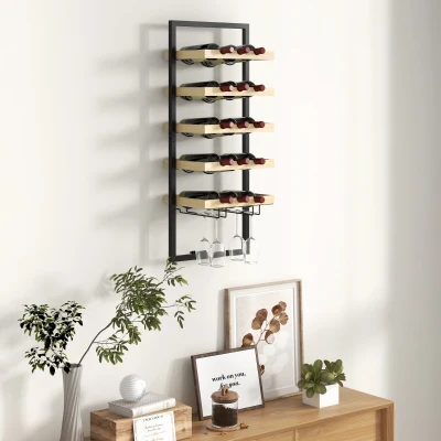 HOMCOM Portabotellas de Pared en Madera y Acero para 15 Botellas de Vino y 4 Copas, 35x25x86cm