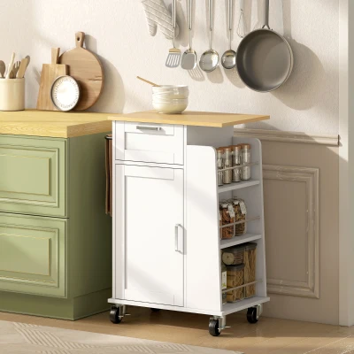 HOMCOM Carrito de cocina con cajón, mueble, toallero y 3 portaespecias, en madera, 62x40x87 cm, Blanco