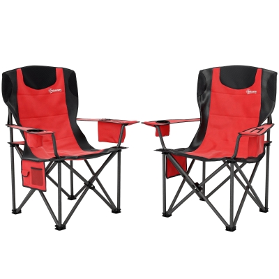 Outsunny Set 2 Sillas de Camping Plegables con Bolsa Frigorífica, Portavasos y 2 Bolsillos, 94x62x100 cm, Rojo