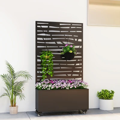 Outsunny Jardinera con enrejado, macetero de metal con pantalla de privacidad y ruedas, enrejado con cortes en lamas, 90x30x160cm, negro