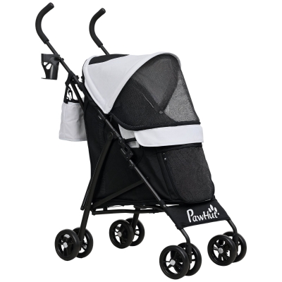 PawHut Foldable Dog Stroller, Lightweight Dog Pram w/ Shoulder Strap, Storage Bag, Cup Holder, Light Grey