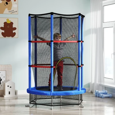 HOMCOM Trampolín elástico para niños 3-6 años con red de protección, 6 columnas y 3 entradas, Ø140x190 cm, azul y negro
