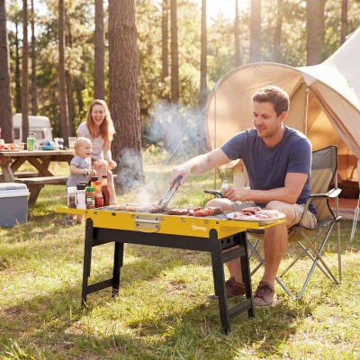 Outsunny Portable BBQ Grill, Foldable Charcoal Grill for Camping and Picnics with 2 Side Shelves and Handle, Yellow