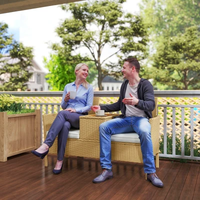 Outsunny Banco de Jardín con Mesita Abatible y Espacio de Almacenamiento, en Rattan y Acero, 134x58x82 cm, Crema y Caqui