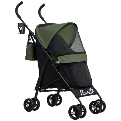 PawHut Foldable Dog Stroller, Lightweight Dog Pram w/ Shoulder Strap, Storage Bag, Cup Holder, Dark Green
