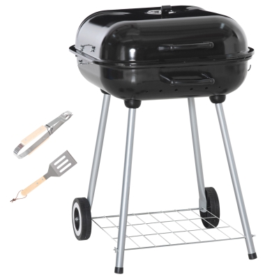 Outsunny Portable BBQ Charcoal Grill with 2 Wheels and Cooking Utensils, Smoker Grill with Lid for Outdoor Barbecues, Camping, Picnic, Courtyard