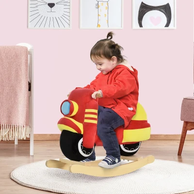 HOMCOM Caballito mecedor para niños 18-36 meses con forma de moto, caballito montable en madera y peluche, sonidos realistas, Max. 40kg, Rojo y Amarillo