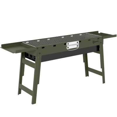 Outsunny Portable BBQ Grill, Foldable Charcoal Grill for Camping and Picnics with 2 Side Shelves and Handle, Green