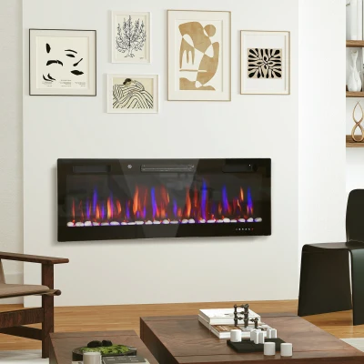 HOMCOM Chimenea Eléctrica Pared Empotrable Ultrafina con Llama 3D Brillo/Velocidad Ajustable y 12 Colores Guijarros 900/1800W