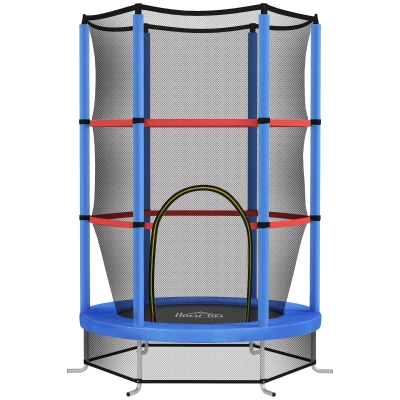 HOMCOM Trampolín elástico para niños 3-6 años con red de protección, 6 columnas y 3 entradas, Ø140x190 cm, azul y negro