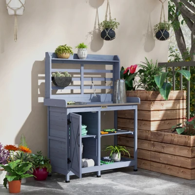 Outsunny Mesa de jardín con compartimento, superficie de trabajo de aluminio, espacio de almacenamiento, 112x47x146cm, Gris