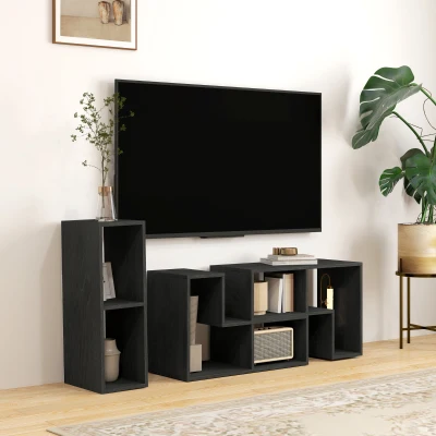HOMCOM Mueble TV máx. 190.5 cm modulable con 2 estantes en L y estante rectangular, en madera, 134-180x30.5x44 cm, Negro