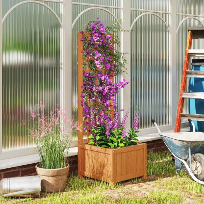 Outsunny Jardinera con Enrejado para Trepadoras con Orificio de Drenaje y Forro, en Madera, 40x40x120 cm, Marrón