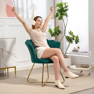 HOMCOM Sillón concha silla de tocador sillón de terciopelo sillón de salón con patas de acero 69 x 64 x 80 cm verde oscuro