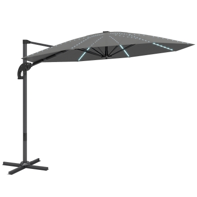 Outsunny Parasol de aluminio de brazo lateral LED Solar Ø300 cm altura regulable con manivela UV50+ Gris oscuro