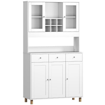HOMCOM Armario de cocina de 180 cm, 2 puertas de cristal, 3 cajones, 4 estantes ajustables, armario de comedor, tablero de partículas, Blanco