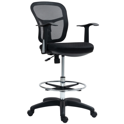 HOMCOM Silla giratoria con anillo reposapiés y respaldo curvo, en poliéster, espuma y plástico, 55x58x94 cm, Negro