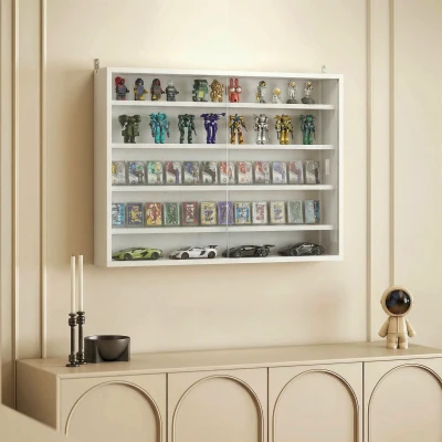 HOMCOM Wandvitrine aus Holz mit verstellbaren Einlegeböden und 2 Glasschiebetüren 80x9,5x60 cm Weiß